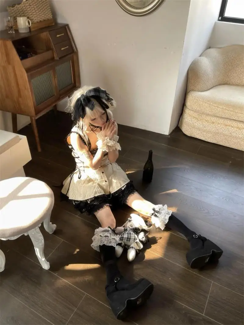 Женская кружевная блузка без рукавов в стиле Харадзюку