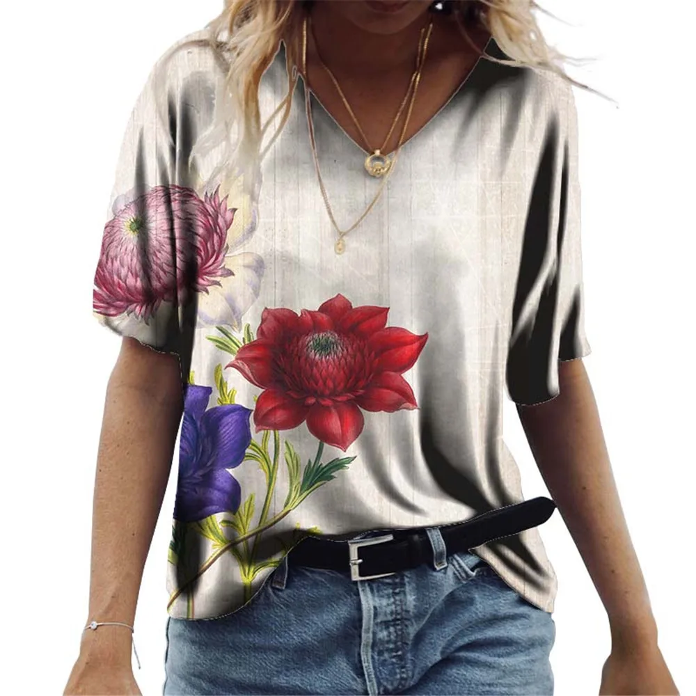 

Женская футболка с коротким рукавом, простая элегантная футболка с цветочным принтом и круглым вырезом, Модный пуловер для лета 2022
