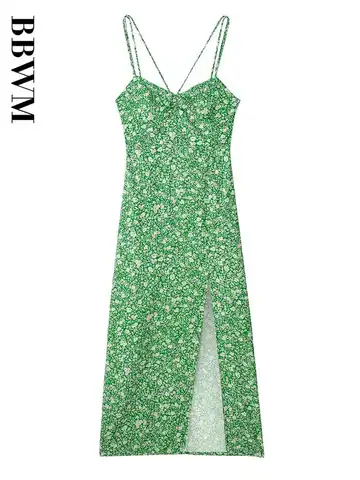2023 Strap Dress Women Print Corset Midi Dress Vintage Sexy Backless Beach Dresses Chic Female Summer Split Evening Dress