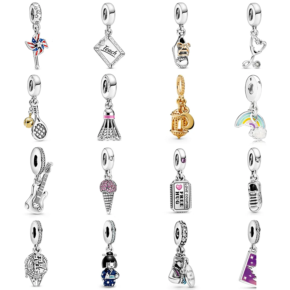

Pam With S925 Sterling Silver Bracelet Pendant Female Rainbow Guitar Shoes Windmill Ball Accessories