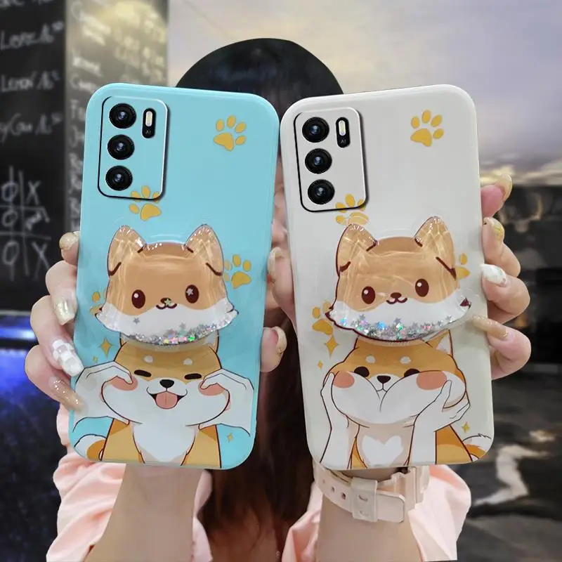 Skin feel silicone quicksand Phone Case For OPPO A16/A16s/A54s Cartoon Anti-fall Rotatable stand