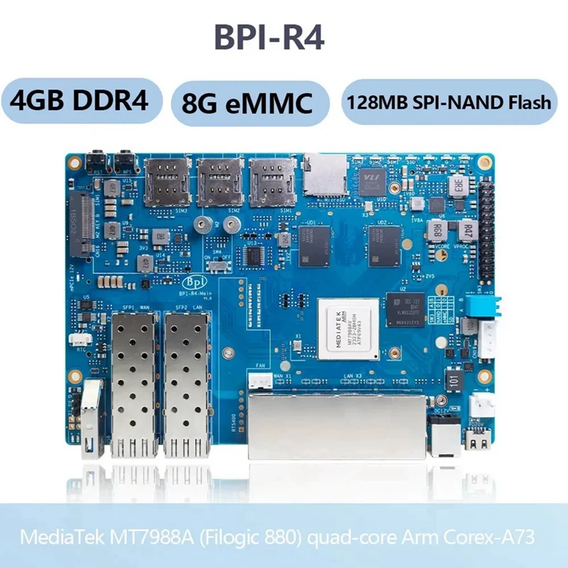 Для Banana Pi BPI-R4 Mediatek MT7988A четырехъядерный кронштейн Cortex-A73 4 ГБ DDR4 8 EMMC Smart Router Board