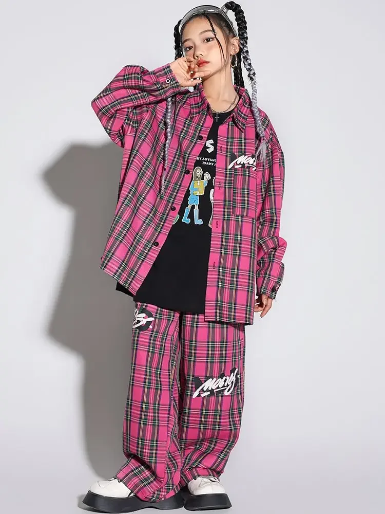 Детская одежда в стиле хип-хоп розовая клетчатая рубашка оверсайз повседневные