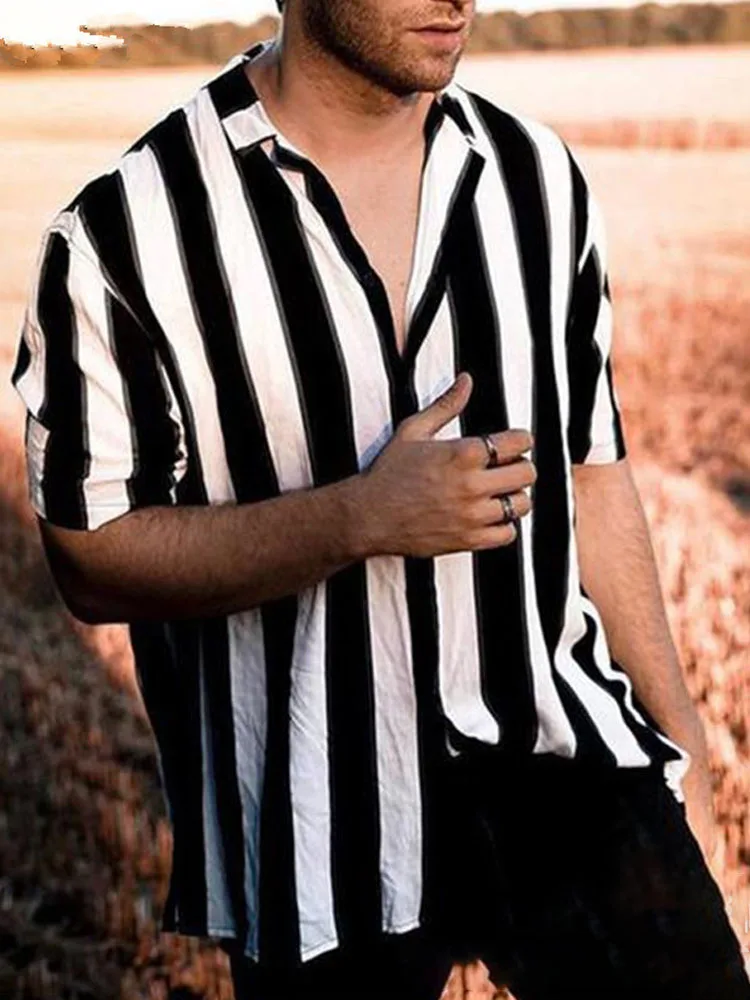 

Summer New Fashion Striped Print Shirts For Men Casual Button Short Sleeve Cardigan Tops Mens Turn-down Collar Shirt Streetwear
