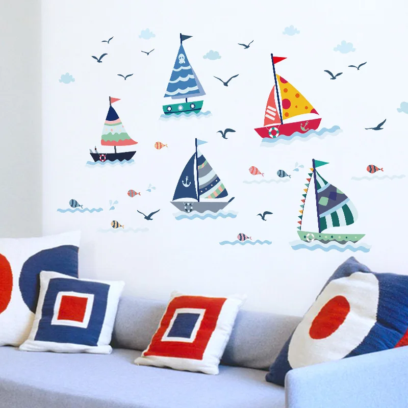 

Cartoon Lovely Sail Boat Wall Sticker Kindergarten PVC Wall Stickers for Kids Rooms Home Decor Stickers