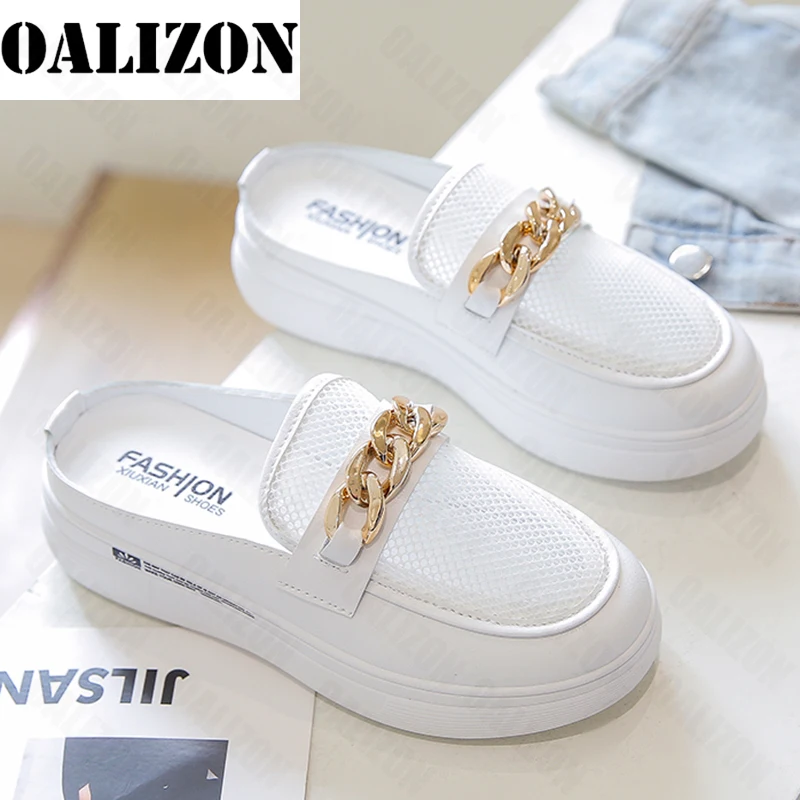 

Женские шлепанцы на танкетке, летние сетчатые сандалии на плоской подошве, повседневные туфли без задника с цепочкой и кристаллами, 2022