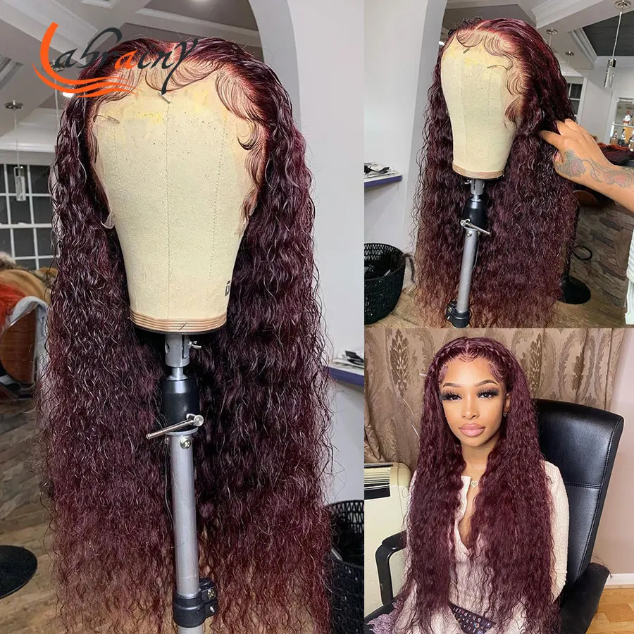 

360 Lace Front Brazilian Human Hair Curly Wigs Burgundy Colored 13x4 HD Lace Frontal Red Deep Wave Wig 99J Full Women Water Wave