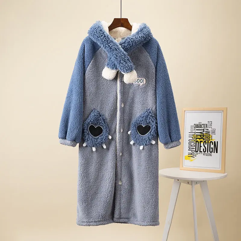 Plush Nightgowns Suit Women Men Long Sleeve Sleepwear Cartoon Animal Cosplay Pajamas Set Winter Flannel Sweet Hooded Sleepshirt
