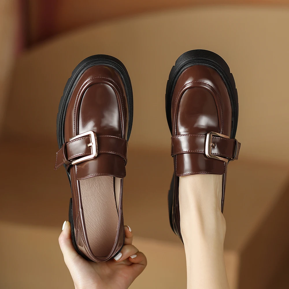 Cialisa 2023 Spring Women Shoes New Round Toe Belt Buckle Genuine Leather Platform Loafers Casual Thick Heels Ladies Footwear