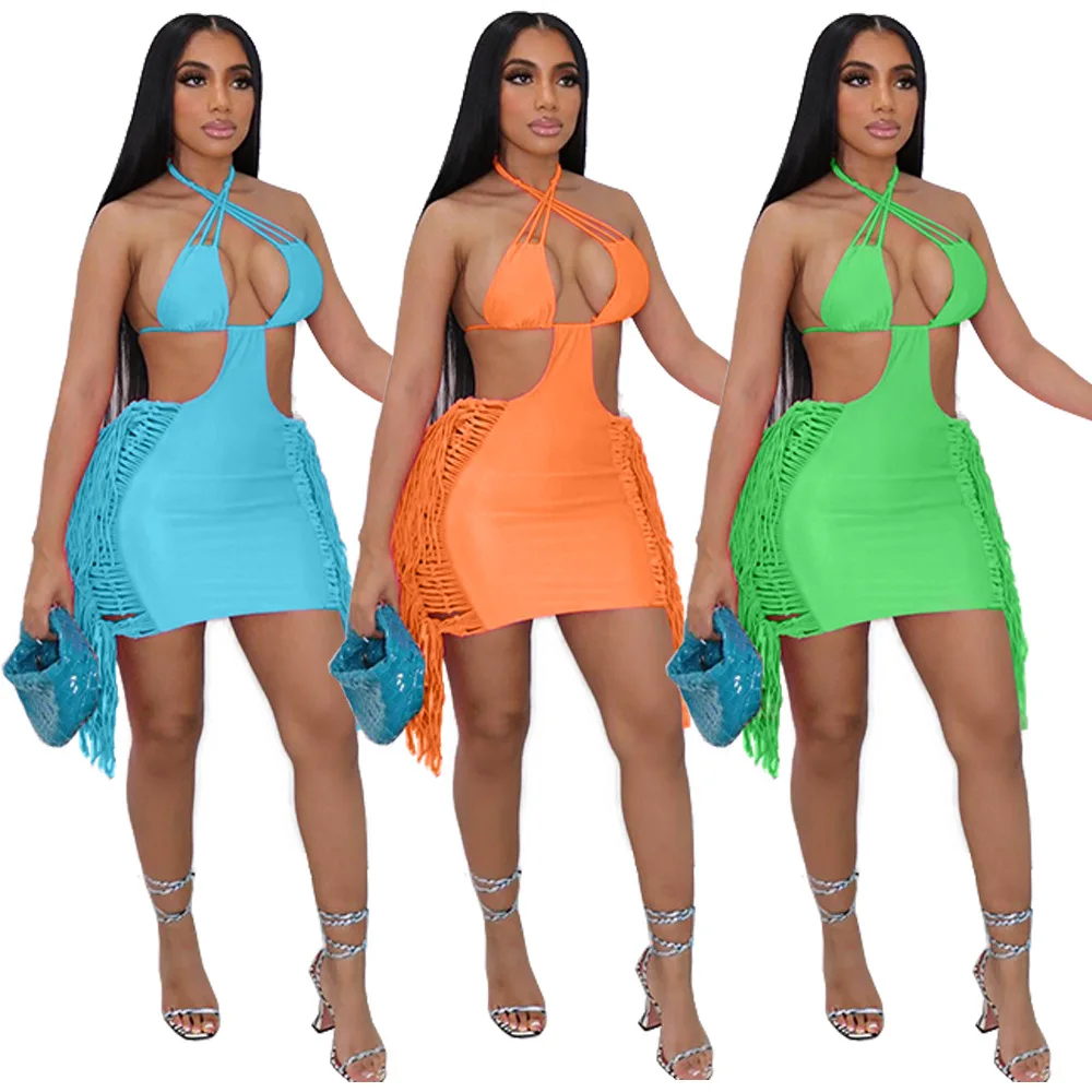 

2022 Spring New Women Fashion Tassel Dress Halter Neck Sexy Bandage Backless Bodycon Mini Dress Party Club Outfits Dress Female