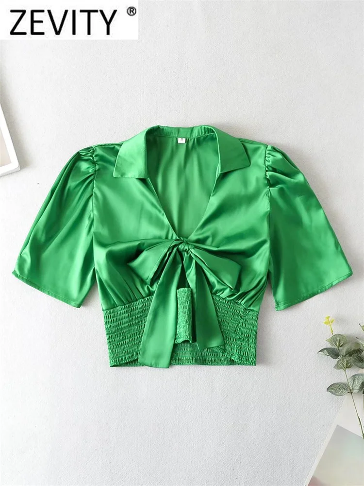 

Zevity Women Fashion Bow Design Hem Elastic Waist Green Short Smock Blouse Female Puff Sleeve Satin Shirt Chic Crop Tops LS856