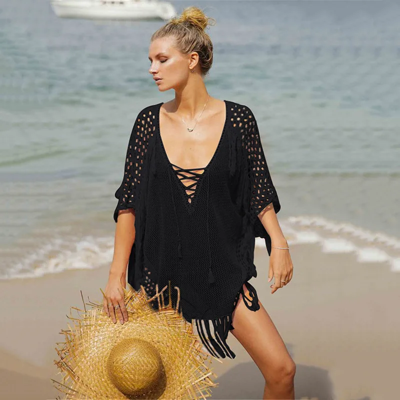 

Sand Beach Wear Beach Coat Hollowed-out Knitted Fringed Blouse Lady Holiday Bikini Tassels Swimsuit Seaside Sunscreen Women B2