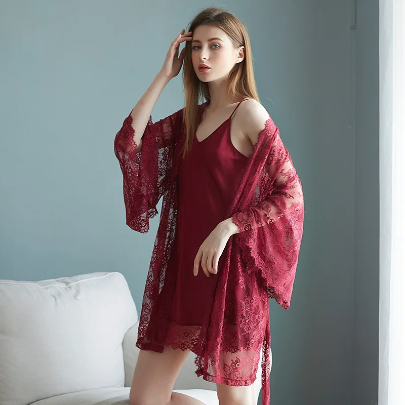 New Ice Silk Sling Nightdress Lace Sexy Nightgown Two-piece Set Silk Pajamas Ladies Sexy Home Clothes