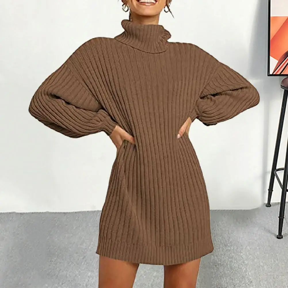 

Women Sweater Dress Solid Color Lantern Sleeves Turtleneck Autumn Winter Loose Knitting Pullover Dress for Daily Wear