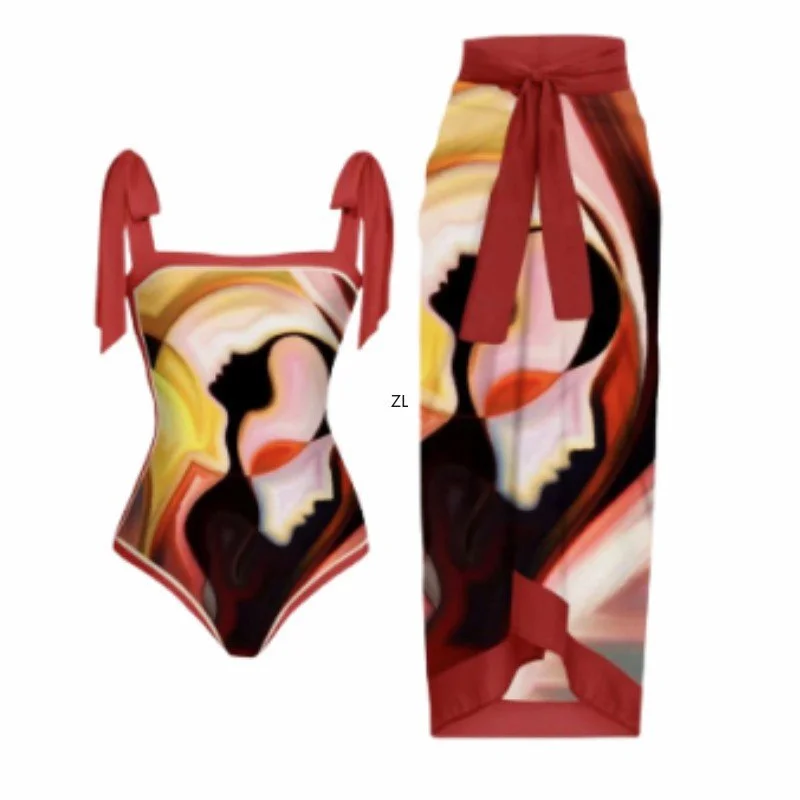 Bikini Bodysuit Swimwear Women With Skirt Bathing Suit Summer New Ruffle Splice Print Beachwear Holiday Bikini Cover Ups Outfits