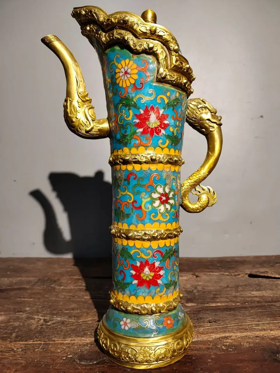 

15"Tibetan Temple Old Bronze Cloisonne Enamel Eight treasure Dragon handle teapot Milk jug Butter teapot Large Tibetan Pot