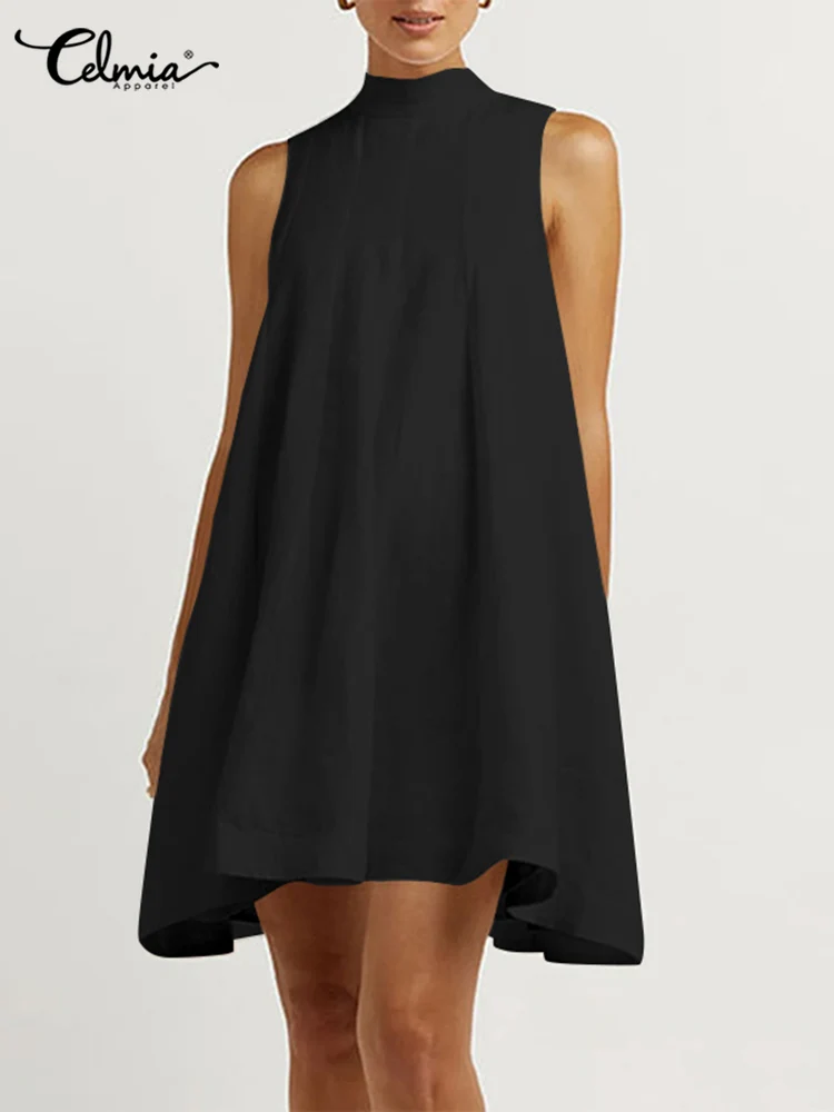 

Fashion Sleeveless Mini Dress Women Bandage High Collar Sundress Celmia Summer A-line Tank Dress Streetwear Solid Pleated Robe