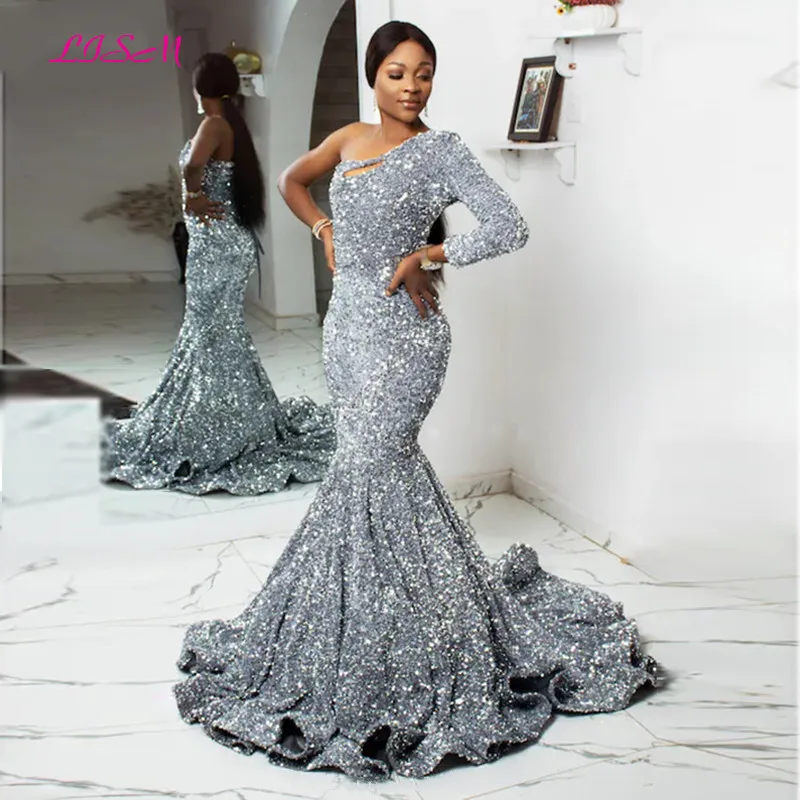

Silver Sequins Mermaid Prom Dresses One-Shoulder Long Evening Gowns African Women Formal Party Vestidos de fiesta