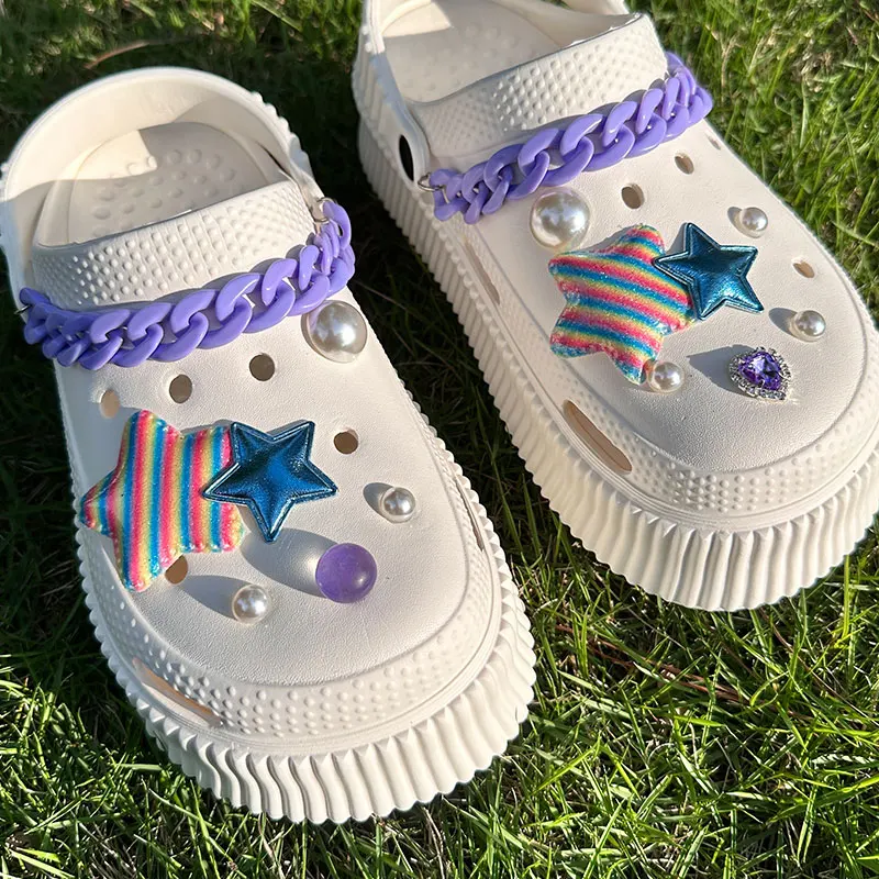 Y2K Stars Shoes Charms Purple Chunky Acrylic Chains Vintage Bling Heart Rhinestones Starry Sky Pearl Accessories Shoe Jewelry