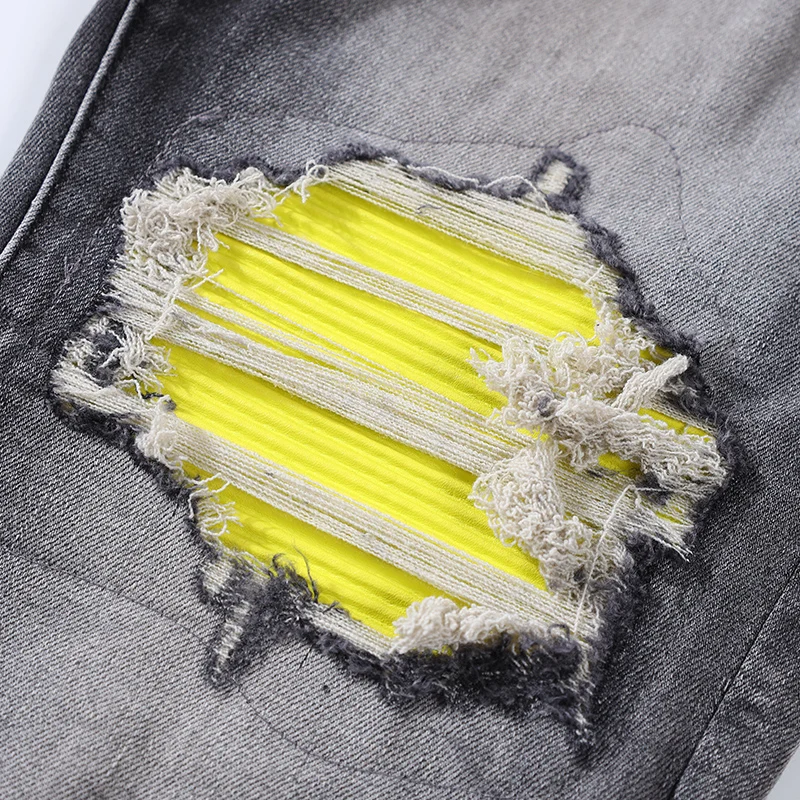 Street Fashion Men Jeans Retro Gray Elastic Stretch Skinny Ripped Jeans Men Yellow Patched Designer Hip Hop Brand Pants Hombre