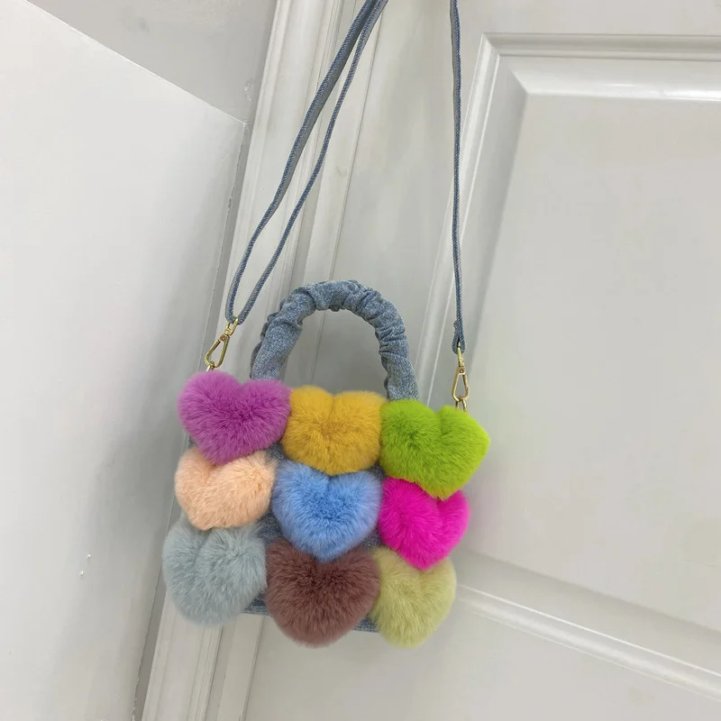 

Hot Sale Winter Female Natural Rex Rabbit Fur Shoulder Bags Women Real Rabbit Fur Handbags Lady Fur Love cowboy Crossbody Bags