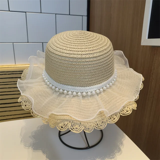 Hat Bucket Hat Kids Beach Sun Hats Sun Protection Straw Baby Girl Summer Hat Pearl Lace Child 50cm Small Kids Hat Girls Sun Hat Aliekspress