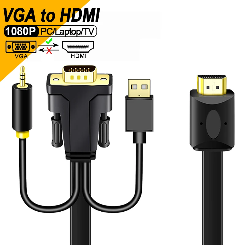 Кабель VGA-HDMI 1080P с аудиовыходом, совместимый с HDMI-преобразователь, адаптер аналогово-цифровой для ТВ, ПК, ноутбука, монитора, 3 м, 5 м, 10 м