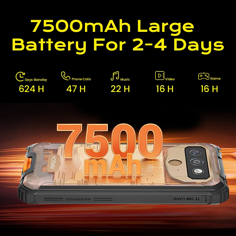 Смартфон Hotwav T5 Pro 4G прочный Android 12 OS MTK6761 6 0 дюйма 4 + 32 ГБ 7500 мА · ч 13 МП основная