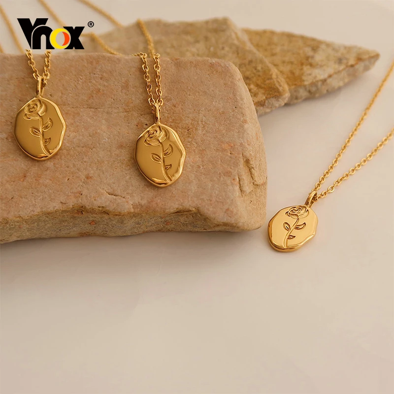

Vnox Temperament Rose Flower Pendant Necklaces for Women,Gold Tone Stainless Steel Collar Female Party Gift,Waterproof Jewelry