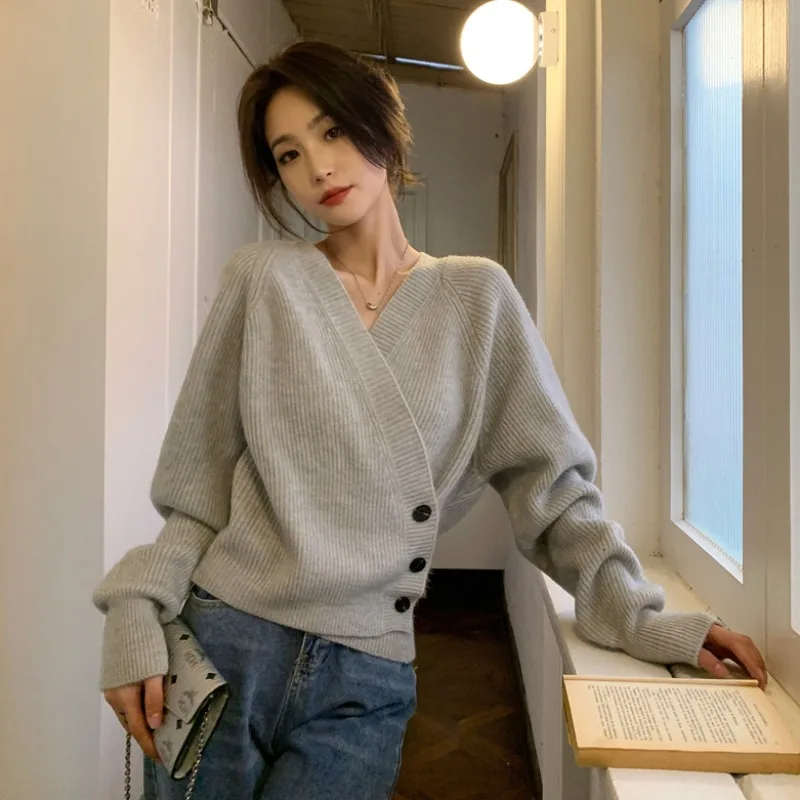 Vintaeg простой свободный женский свитер с V-образным вырезом повседневные