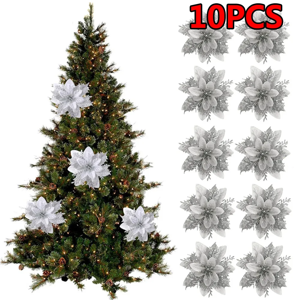 10 шт. блестящие рождественские цветы 14 см искусственные для 2024 украшения