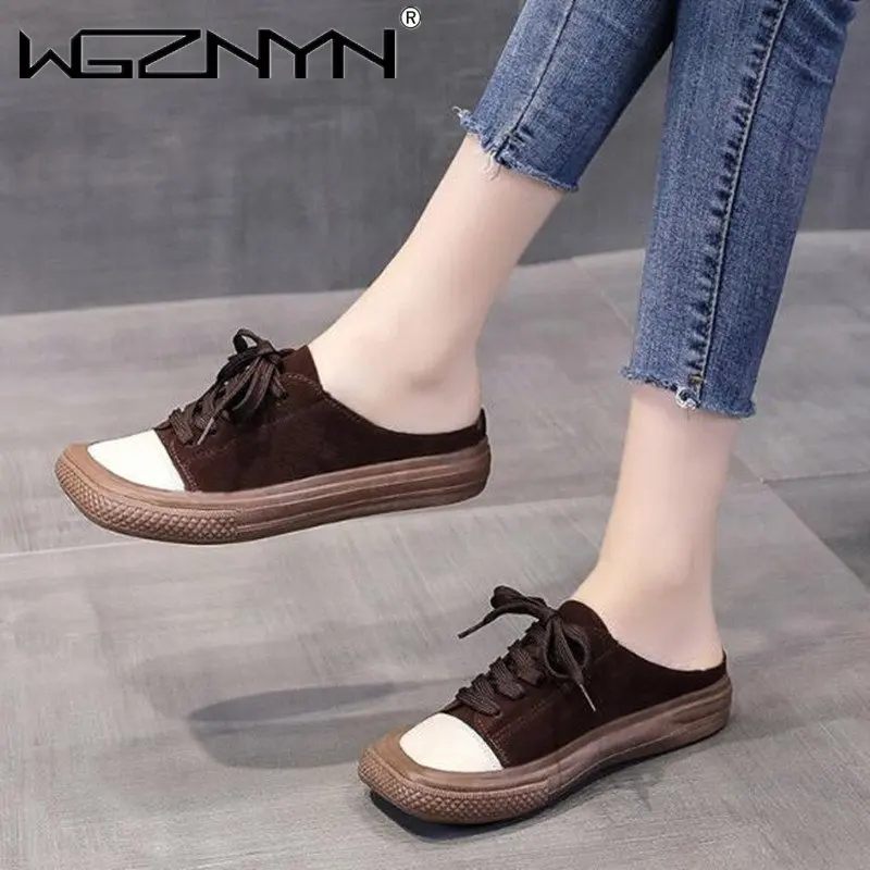 

Women Summer Semi Slippers Comfortable Shoes 2023 Square Toe Loafer High Brand Fashion Lace Up Vulcanize Platform Flats Sneakers