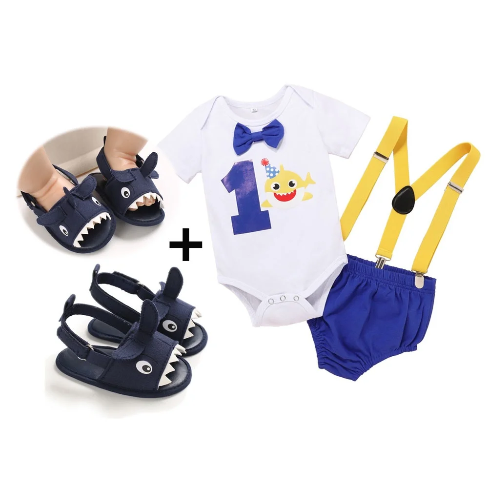 

Cute Baby Shark Outfit Clothes for Baby Boy 1 Year Old Boy Clothes Summer Cotton Suspender Romper Shorts with Shoes Sandals