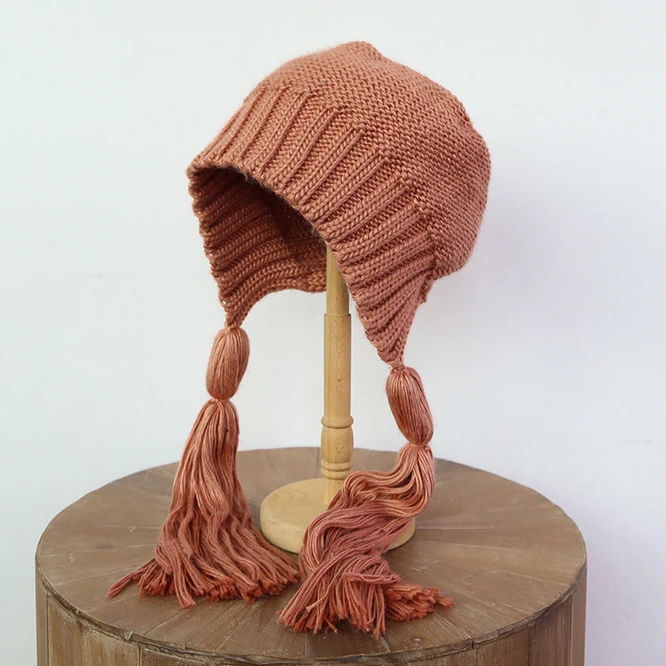 

Autumn Winter Ear Protection Hat Women's Warm Knitting Baotou Tassels Girl Outdoor Cute Hat Korean Japanese Students Brick Red