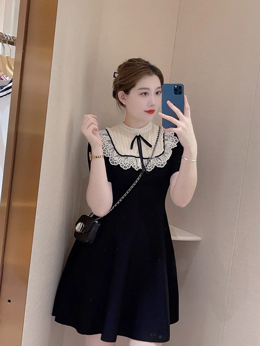 Элегантное Черное Кружевное вязаное платье во французском стиле с бантом