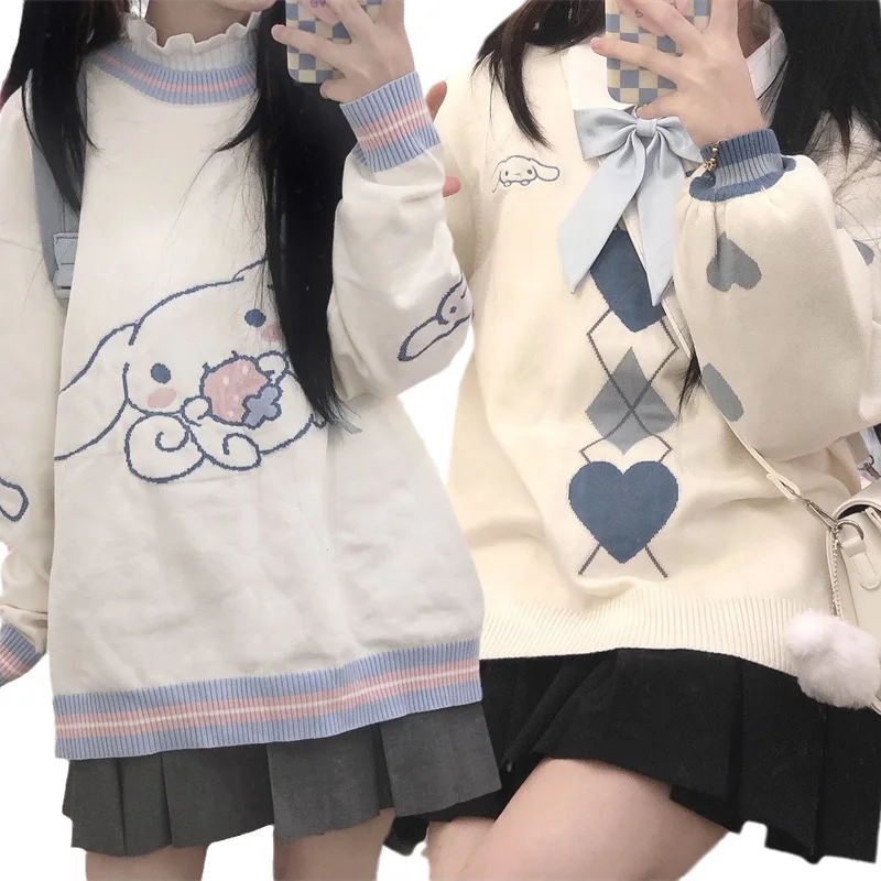

Sanrioed Kawaii Cinnamoroll вышитый V-образный вырез пуловер вязаная одежда зимняя мягкая восковая теплая подходящая ко всему девушка сердце колледж Ст...