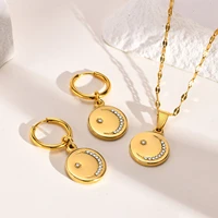 women necklace earrings set gold color stainless steel coin pendant with bling aaa cz stone crescent moon star jewelry