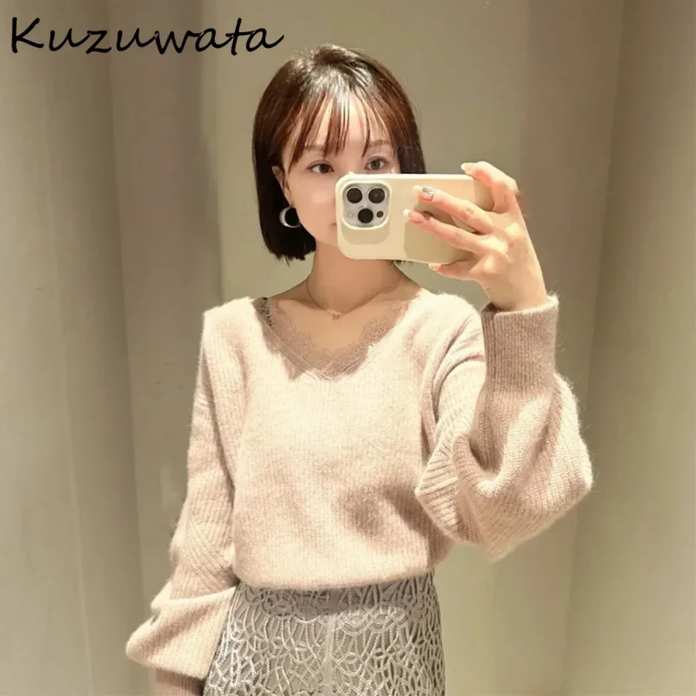 Kuzuwata Moda Sweet V-образным вырезом с длинным рукавом Кружевной вязаный лоскутный