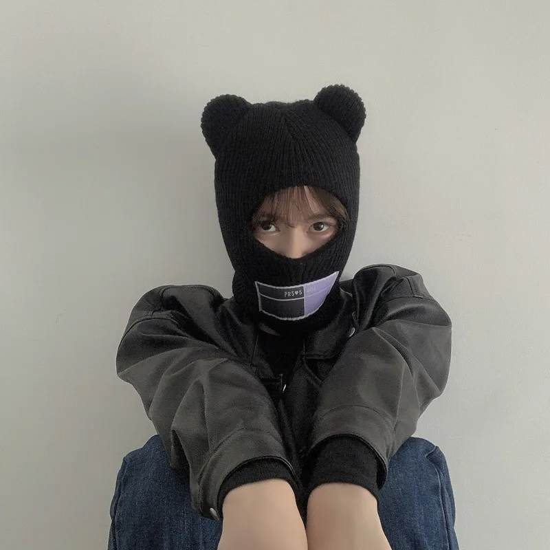 

Fashion Black Beanies Set Caps for Men Winter Bear Ear Cycling Hats for Women Girls шапка с ушками Earmuffs Hats Gorras Hombre