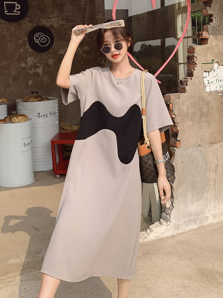 

Short Sleeve O-neck Contrast Color Tshirt Dress for Women 2022 Summer Elegant Loose Korean Style Casual Long Dresses Girl 6618