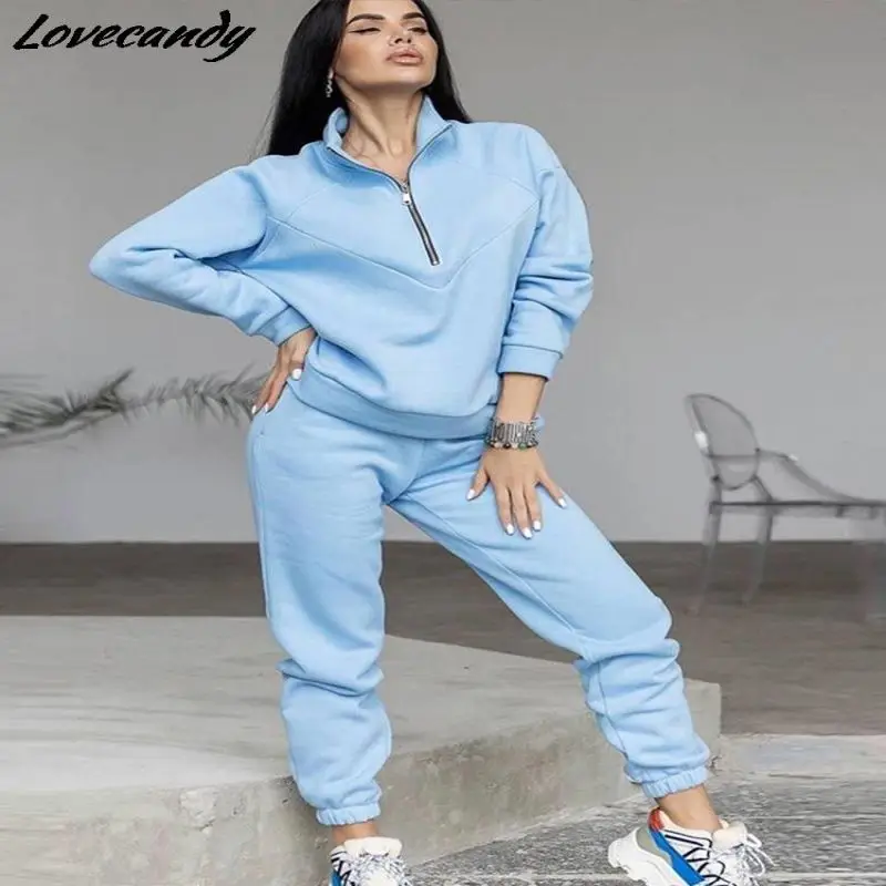 

Pullover Zipper Stand Collar 2 Piece Sets Women Solid Long Sleeve Sweatshirt And Sweatpants Suits Autumn Clothes Female Outfits