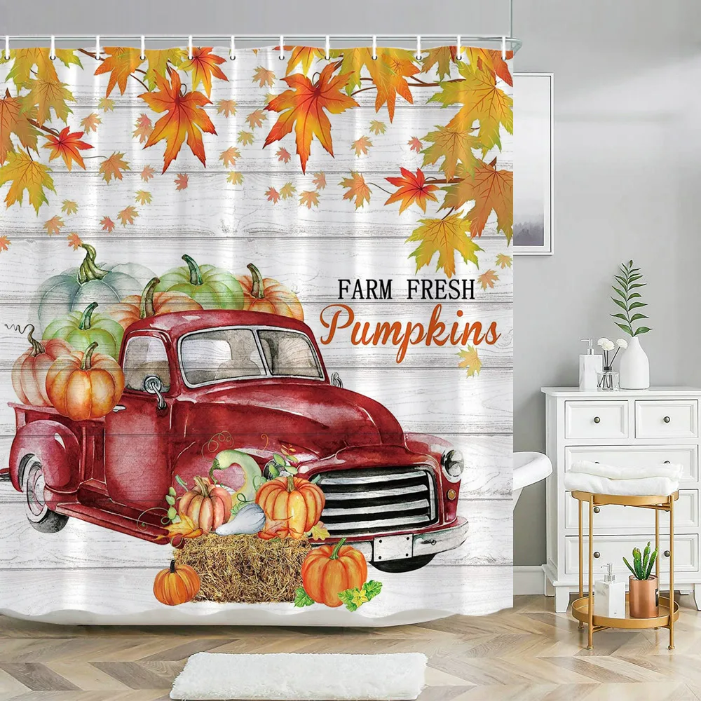 

Fall Thanksgiving Shower Curtains for Bathroom Autumn Farmhouse Red Truck Maple Leaf Washable Fabric Bath Curtain Bathroom Decor