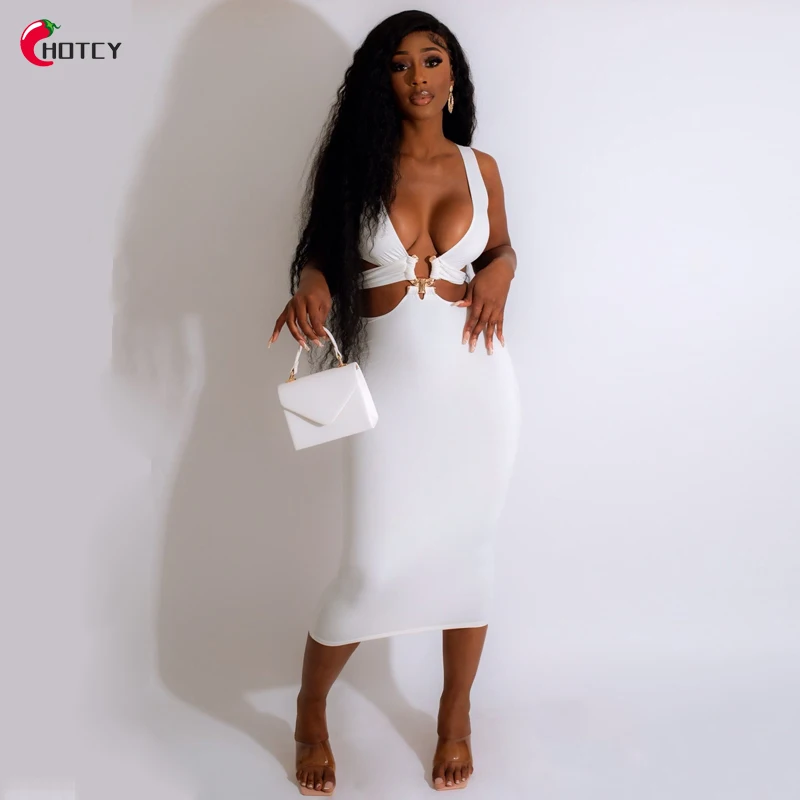 

HOTCY Summer Bodycon Women Party Outfit 2022 Solid Color Sexy Sleeveless Long Club Night Dress