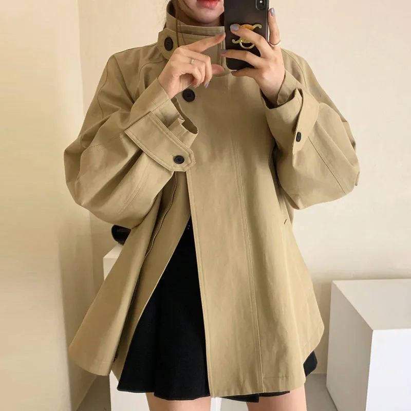 

New Korean Chic Loose Jackets Women Vintage Stand Collar Button Windbreaker Jacket Autumn Casual Trench Coats Chaquetas Mujer