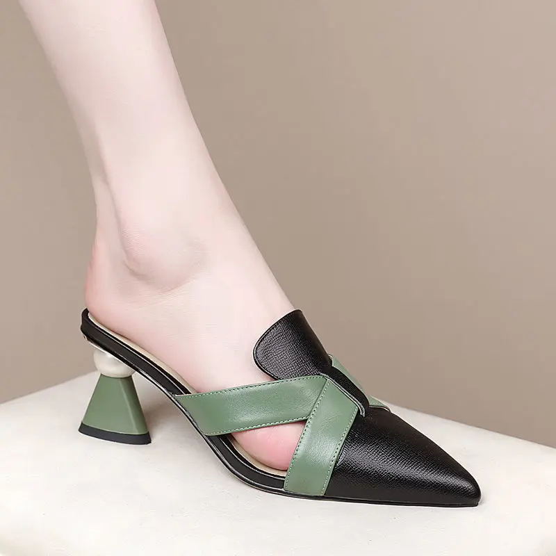 2023 Summer Hot Women Slippers New Thick Heel Soft Leather Women Half Slippers High-heel Patchwork Mules Shoes Woman