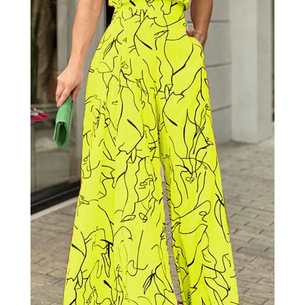 Women Abstract Print Mock Neck Sleeveless Wide Leg Elegant Party Jumpsuit Fashion Femme High Waist Jumpsuit Outfits traf