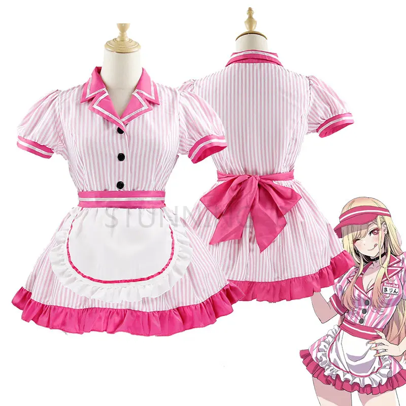 

Аниме Мой наряд любимая Марин Китагава косплей костюм милая Лолита девушки Розовая полосатая горничная униформа платье костюм на Хэллоуин