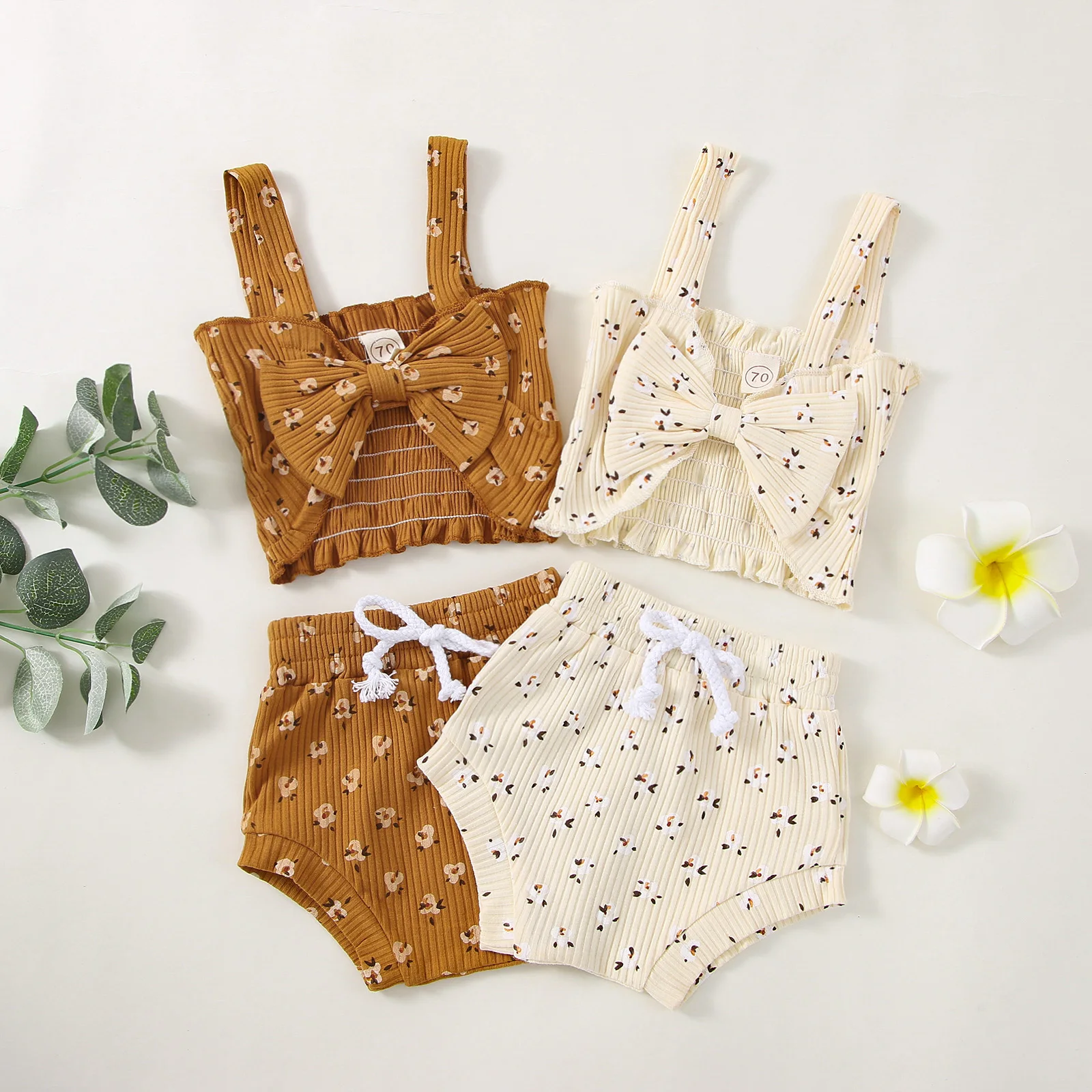 

Одежда для новорожденных девочек, жилет и шорты в рубчик на тонких бретельках с бантом спереди и цветочным принтом, наряды на 0-24 мес.