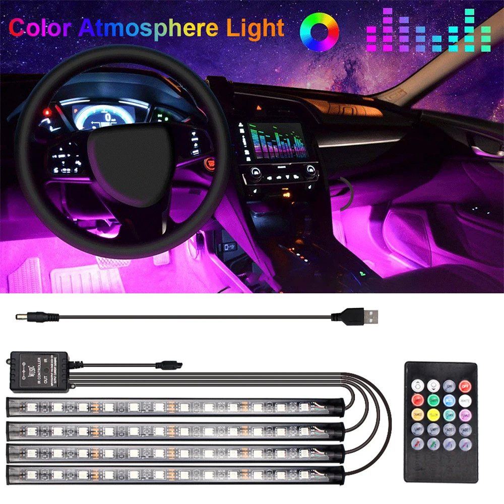 

Auto LED RGB Atmosphere Strip Light 48 LED Wireless Remote Voice Control Foot Lamps Auto Decorative Atmosphere Lights SMD5050