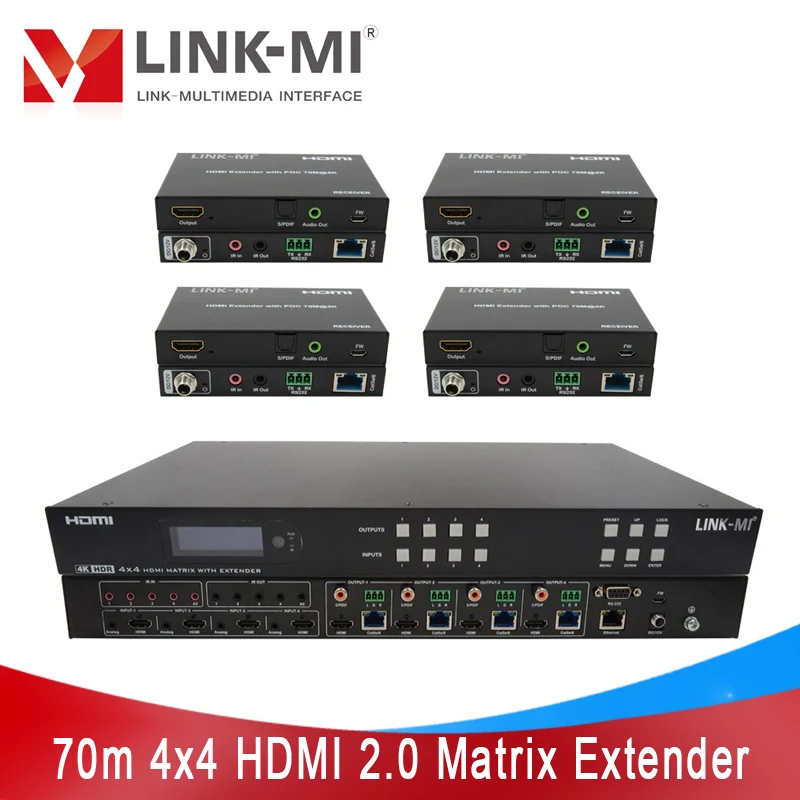 

LINK-MI 4X4 70m 4K HDMI Matrix Extender with 4 HDMI loop out Support 18Gbps, HDR over Cat6 Ethernet Cable 4 in 4 Out Switcher